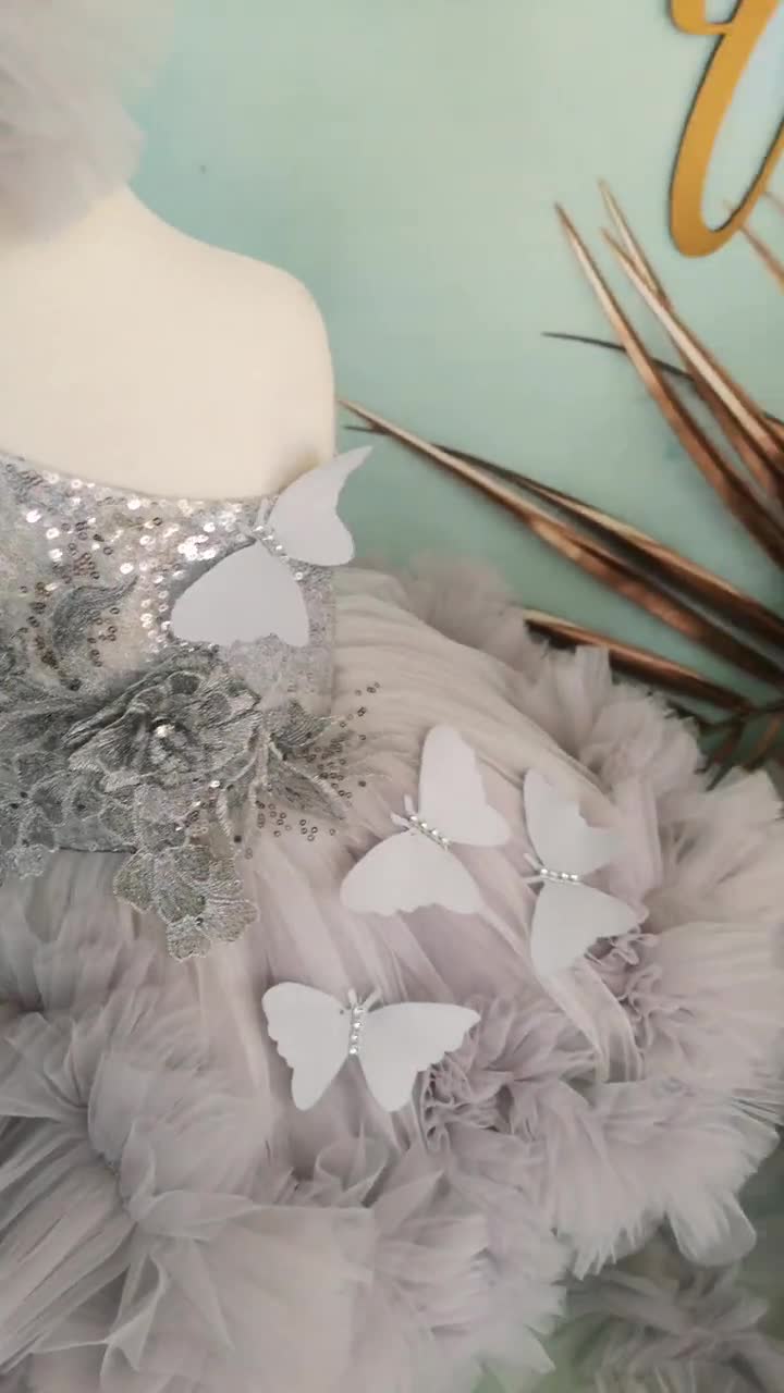 silver butterfly dress Silver Quinceaera Dress with Butterfly Floral Lace Appliqu XS / Silver