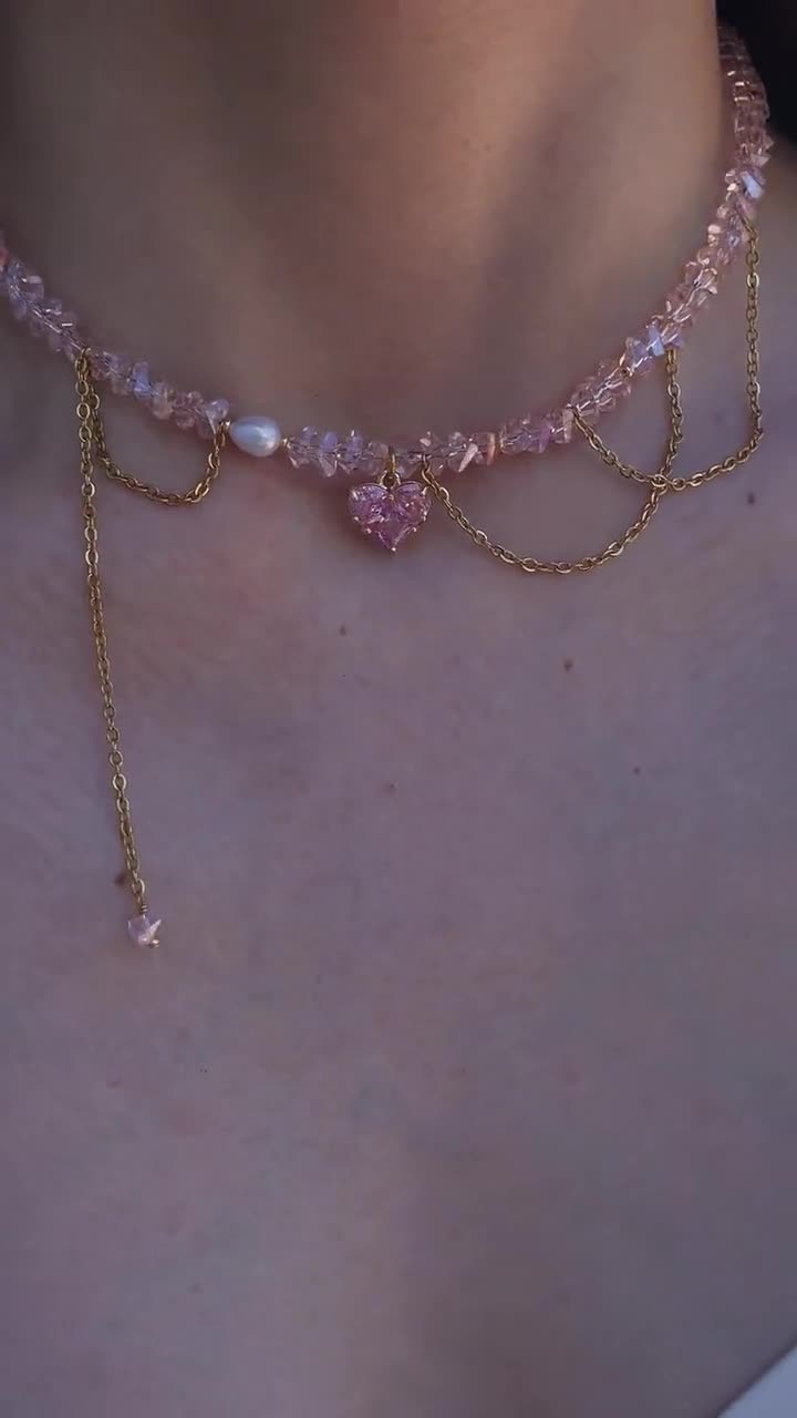 Collana girocollo con ciondolo a forma di cuore in cristallo rosa fatto a mano, gothcore