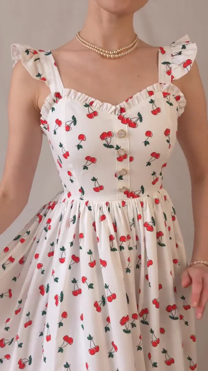 [ KIRSH ]★SMALL CHERRY DRESS Red Cherry Print Dress, Cute Plus Size Dress, Retro Print