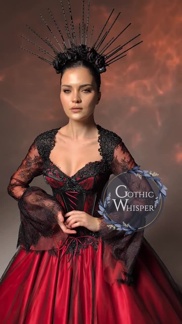 Noir Wedding Dress,Gothic Red Ball Gown with Black Lace Sleeves,Vampire Queen Dress,Victorian Corset Evening Dress,Dark Fantasy Wedding Gown Noir Wedding Dress,Gothic Red Ball Gown with Black Lace Sleeves,Vampire Queen Dress,Victorian Corset Evening Dress,Dark Fantasy Wedding Gown