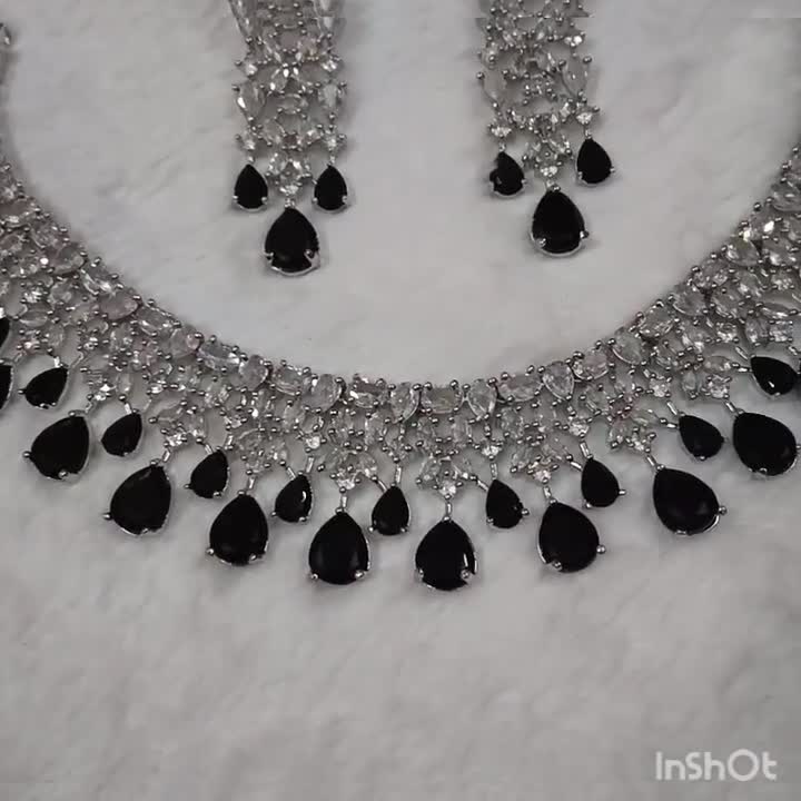 Black Crystal Necklace Earrings Set: Silver CZ Bridal