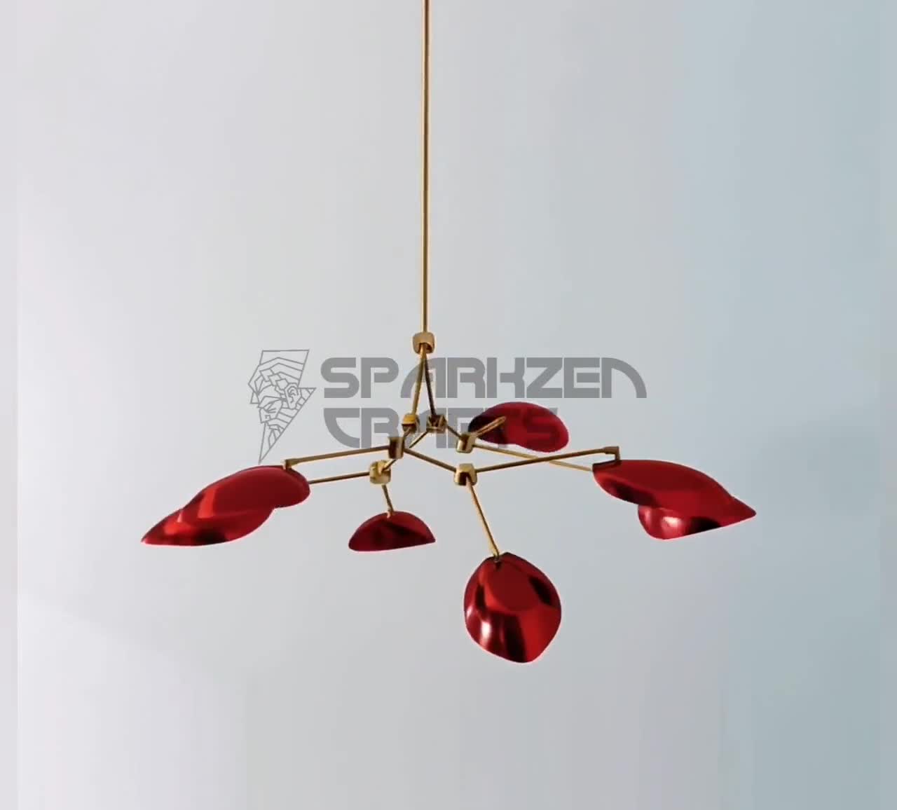 ワインレッドのスプートニクシャンデリア：真鍮製ミッドセンチュリー