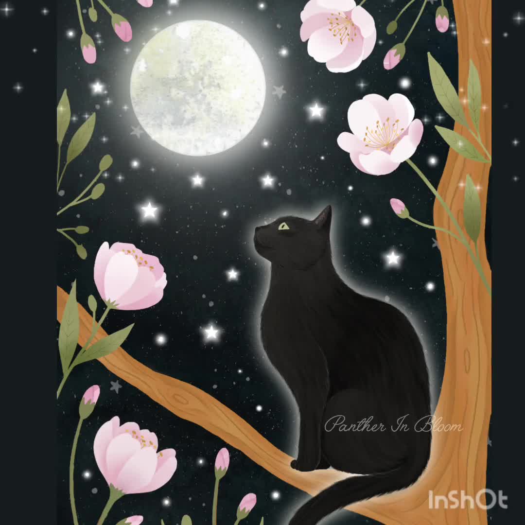 黒猫と月のアートプリント：子猫のイラスト、猫好きへのギフト、ペット