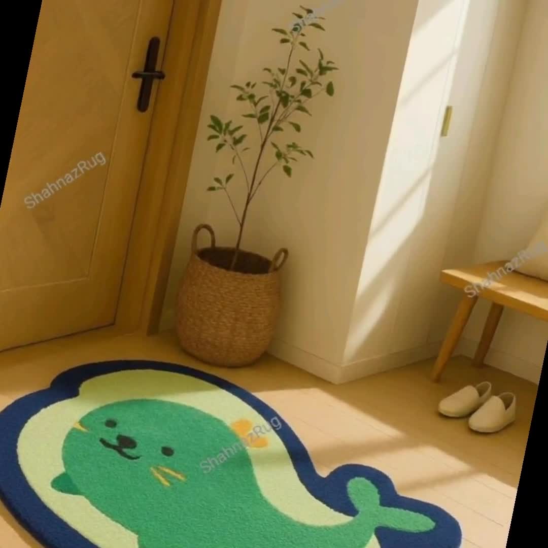 Cute whale shaped rug handmade tufted animal carpet green bule ocent theme  kids room decor soft nursery playroom mat