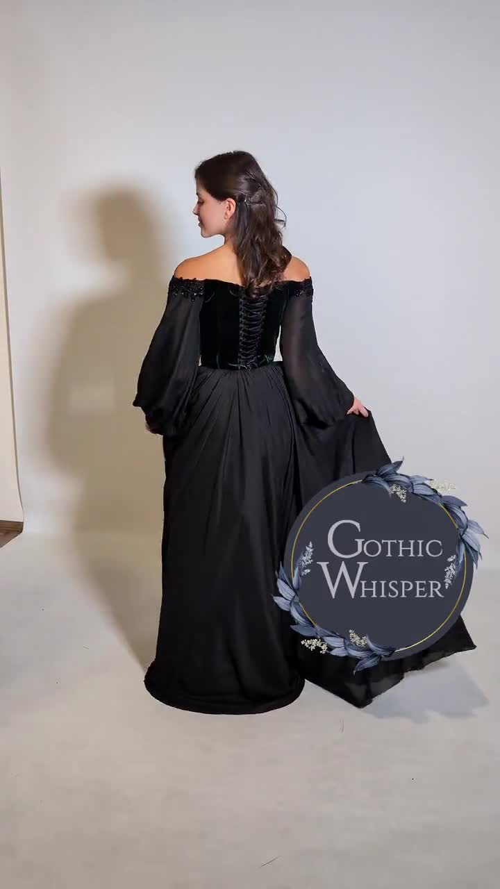 Black Gothic Wedding Dress with Long Sleeves, Dark Green Velvet Corset  Bridal Gown, Off Shoulder Dark Fairy Tale Dress