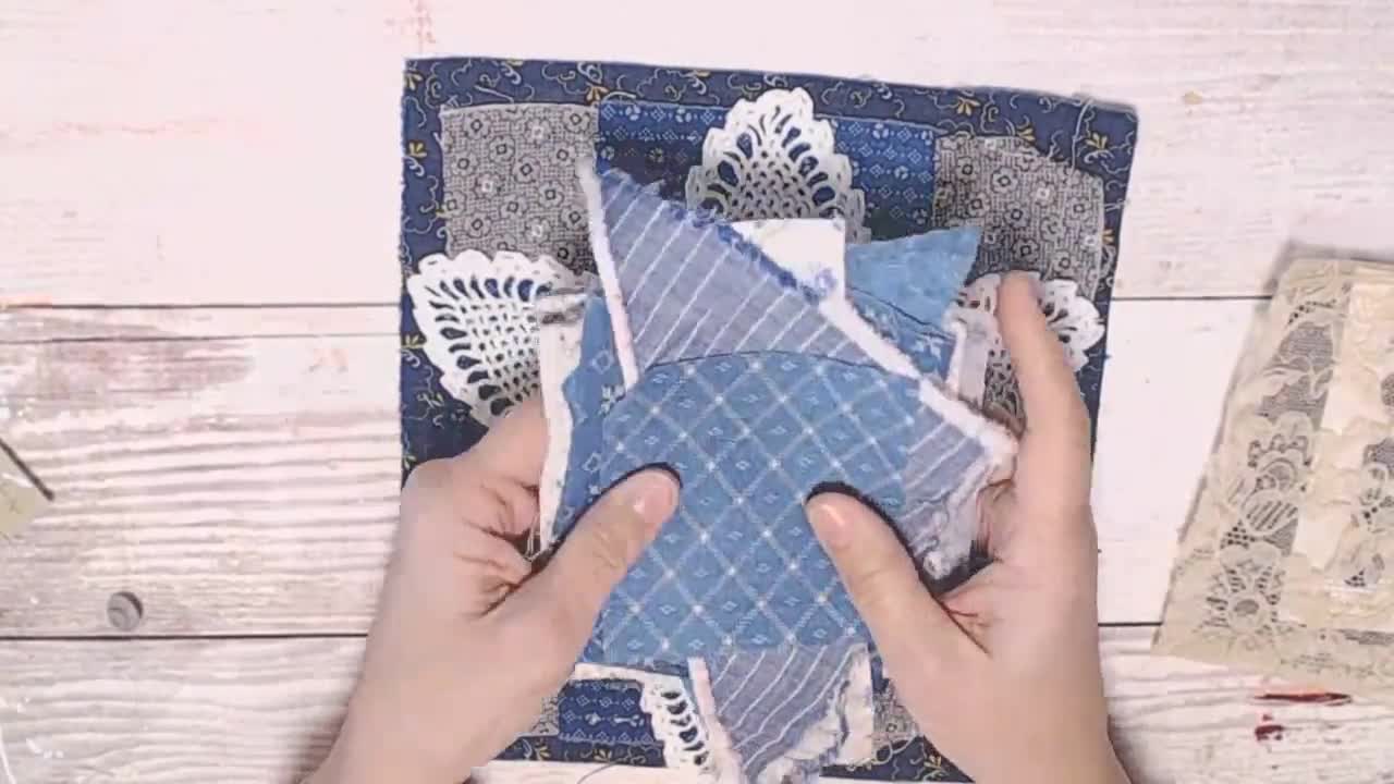 Indigo Blue Quilt Blocks and Trim, Antique Fabric and Lace