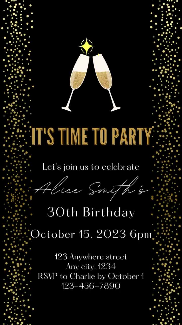 It s Time To Party digital editable party invitation template Classy Birthday invitation Animated Sparkling Champagne Instant download