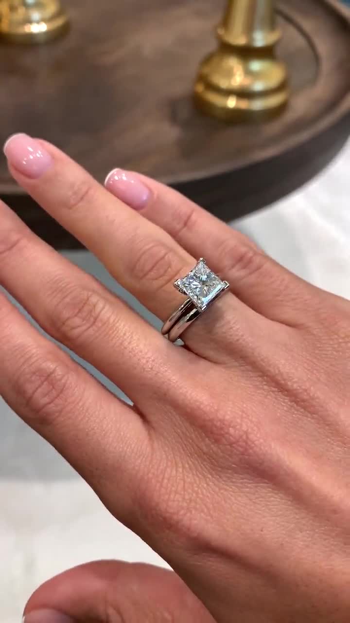 2 Carat Real Diamond Ring, Solid 14k Gold, Engagement and Wedding Ring Set,  Natural Princess Cut, Handmade Jewelry, F/VS2 