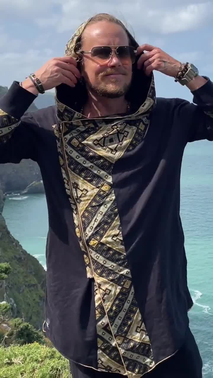Tribal Jedi Hoodie: Geometric Print Cotton Zip-up Festival Cloak