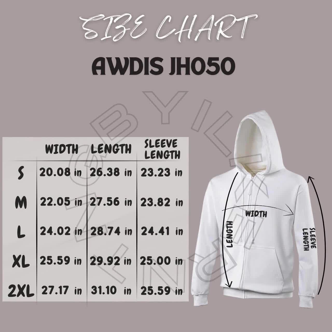 AWDIS JH050 Size Chart | Size Chart for Unisex Full Zip Hoodie