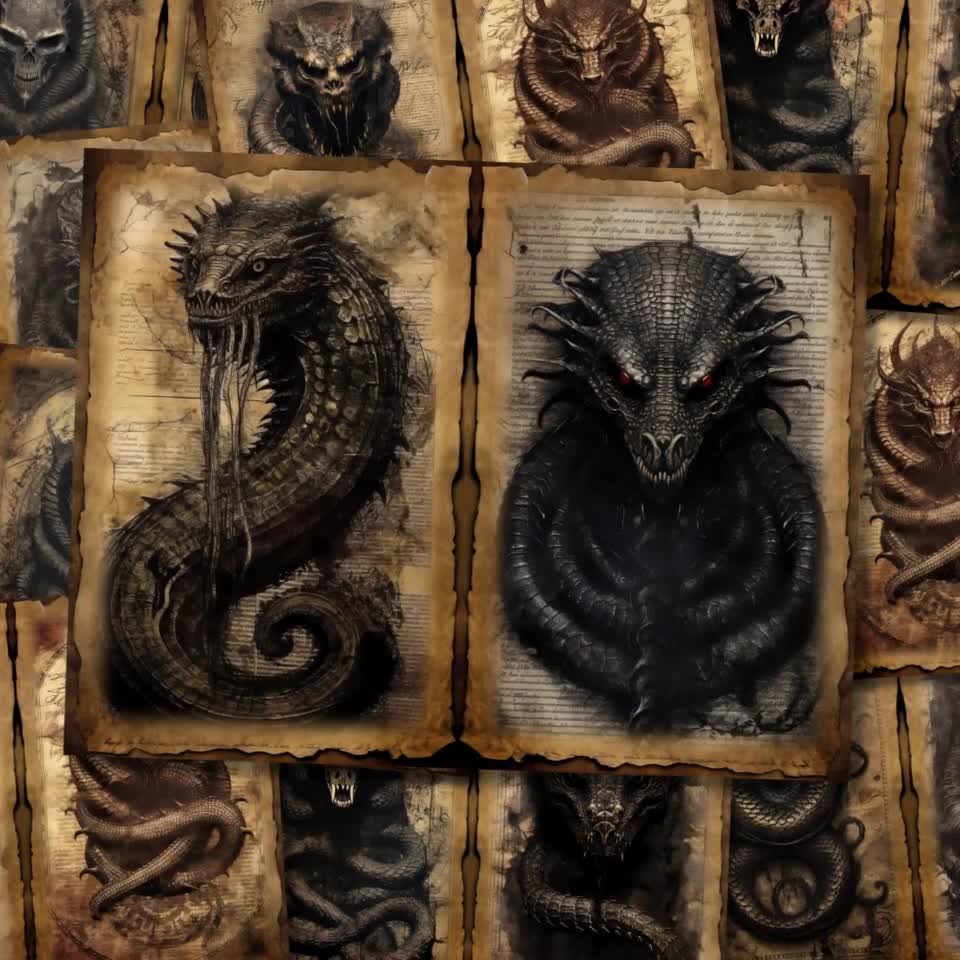 Mystic Serpent Junk Journal Pages Dark Witch Fantasy Black
