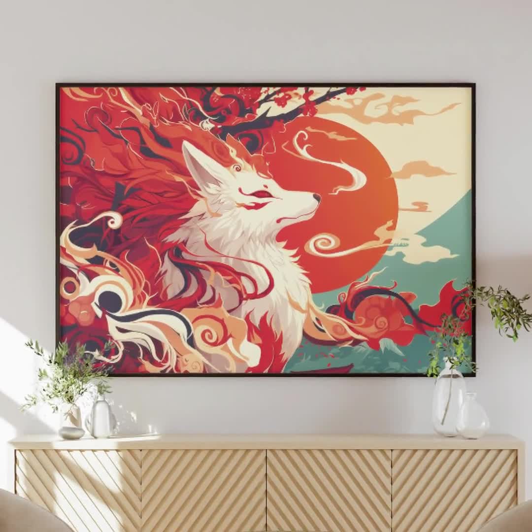Living Room Nine-tailed Fox Art, Japanese Folklore Landscape