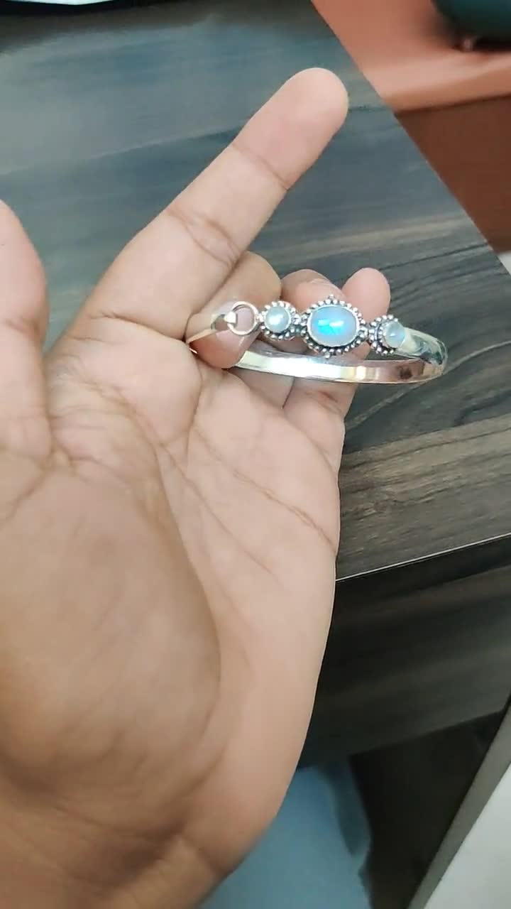 925 sterling セット…… Moonstone 925 Sterling Silver Cuff Bangle: Adjustable Rainbow