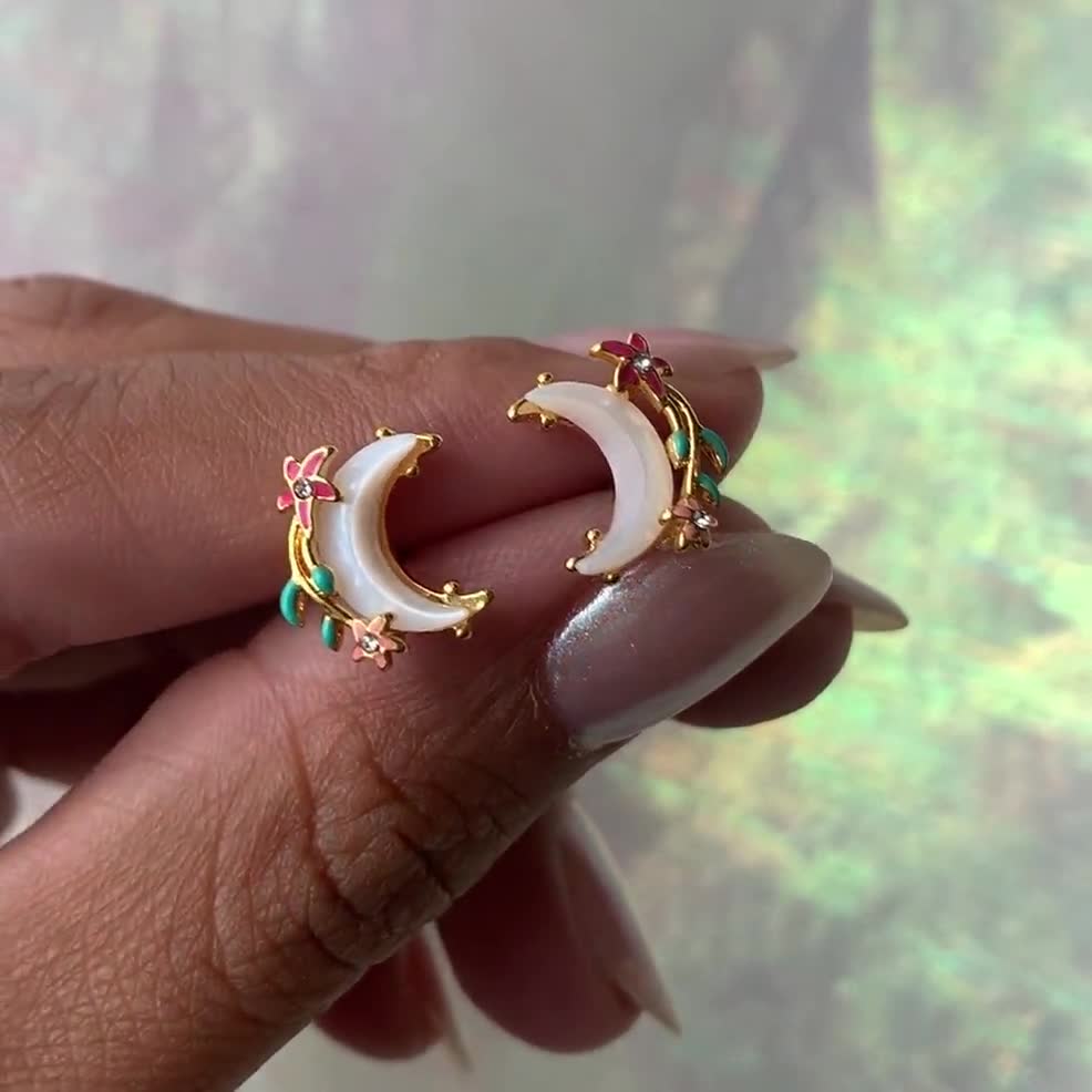 Moon Flower Earrings Moon Earrings Moon Stud Earrings Aesthetic Earrings Dainty Gold Studs Celestial Earrings Gift