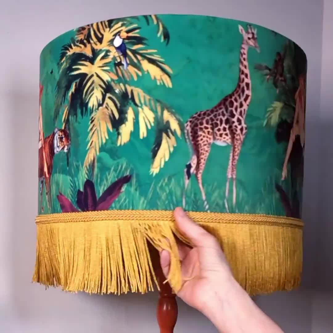 Jungle Green Fringe Lamp shade Tiger home decor, tassel lighting, velvet lampshades, unique lampshades, gold fringed light shade video poster