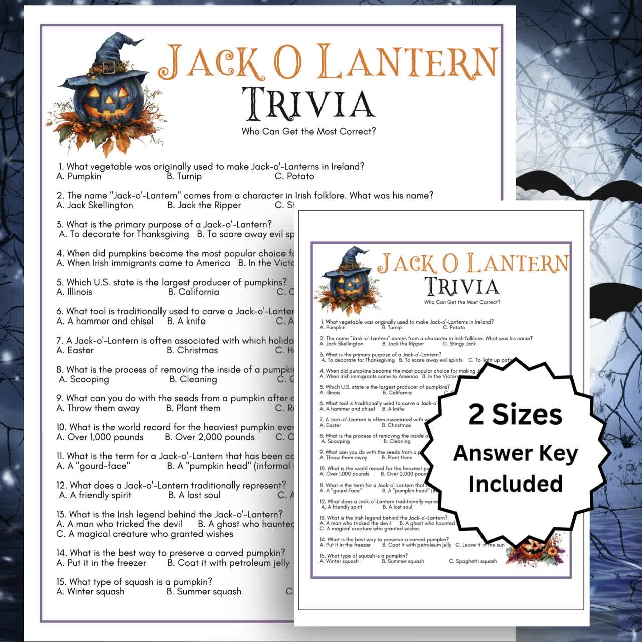 Jack O Lantern Trivia Game Printable, Halloween Party Game