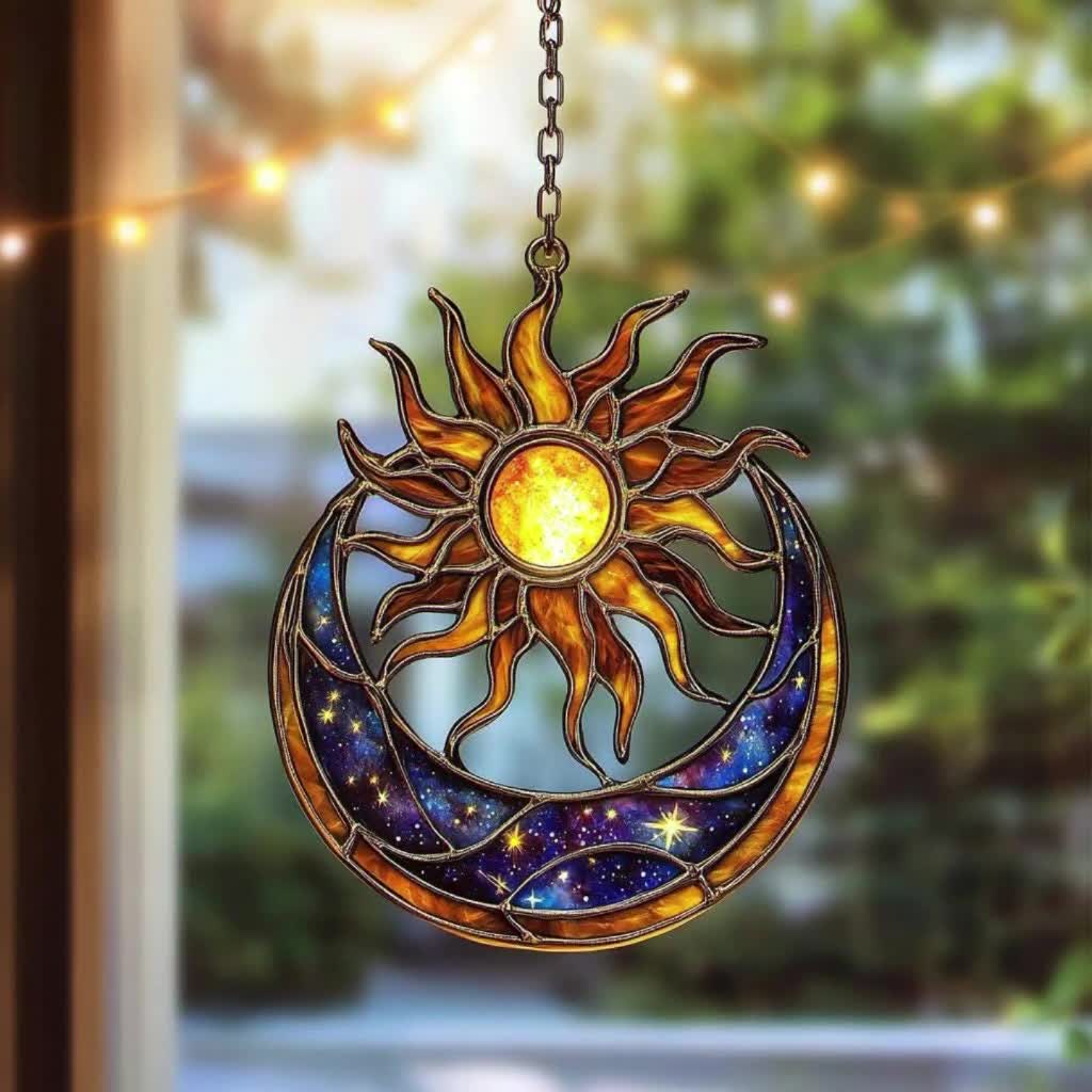 2D太陽と月アクリルサンキャッチャー - フェイクステンドグラス窓吊り