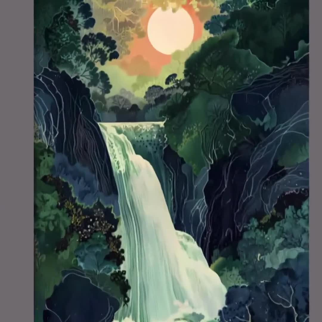 日本絵画 風景画 滝 水 ガラス額縁付き 壁掛け 【公式通販】