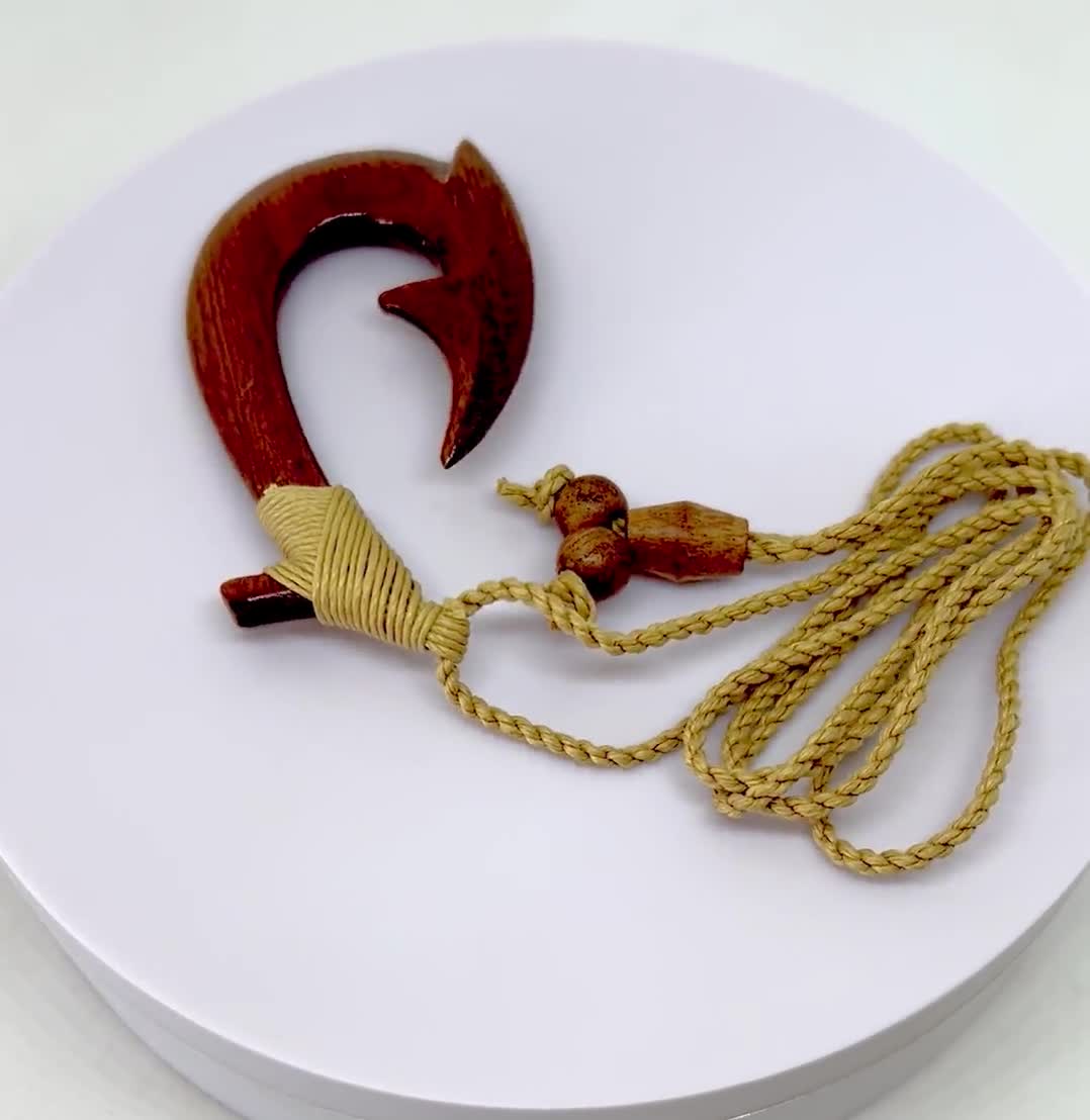 Hawaiian Jewelry Handmade LARGE Koa Wood Fish Hook Necklace From Maui Hawaii  