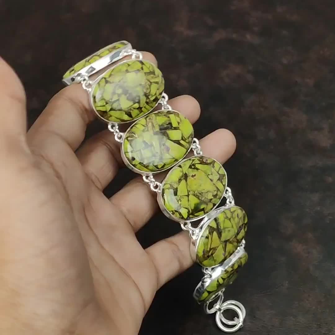 GREEN TREE, handmade bracelet; Atlantisite, ceramic, and sterling silver jewelry 2024