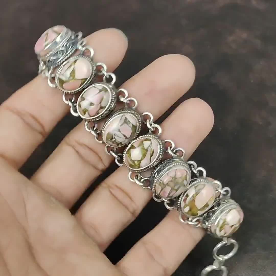 ハンドメイド銅ピンクオパールブレスレット：ヴィンテージ925