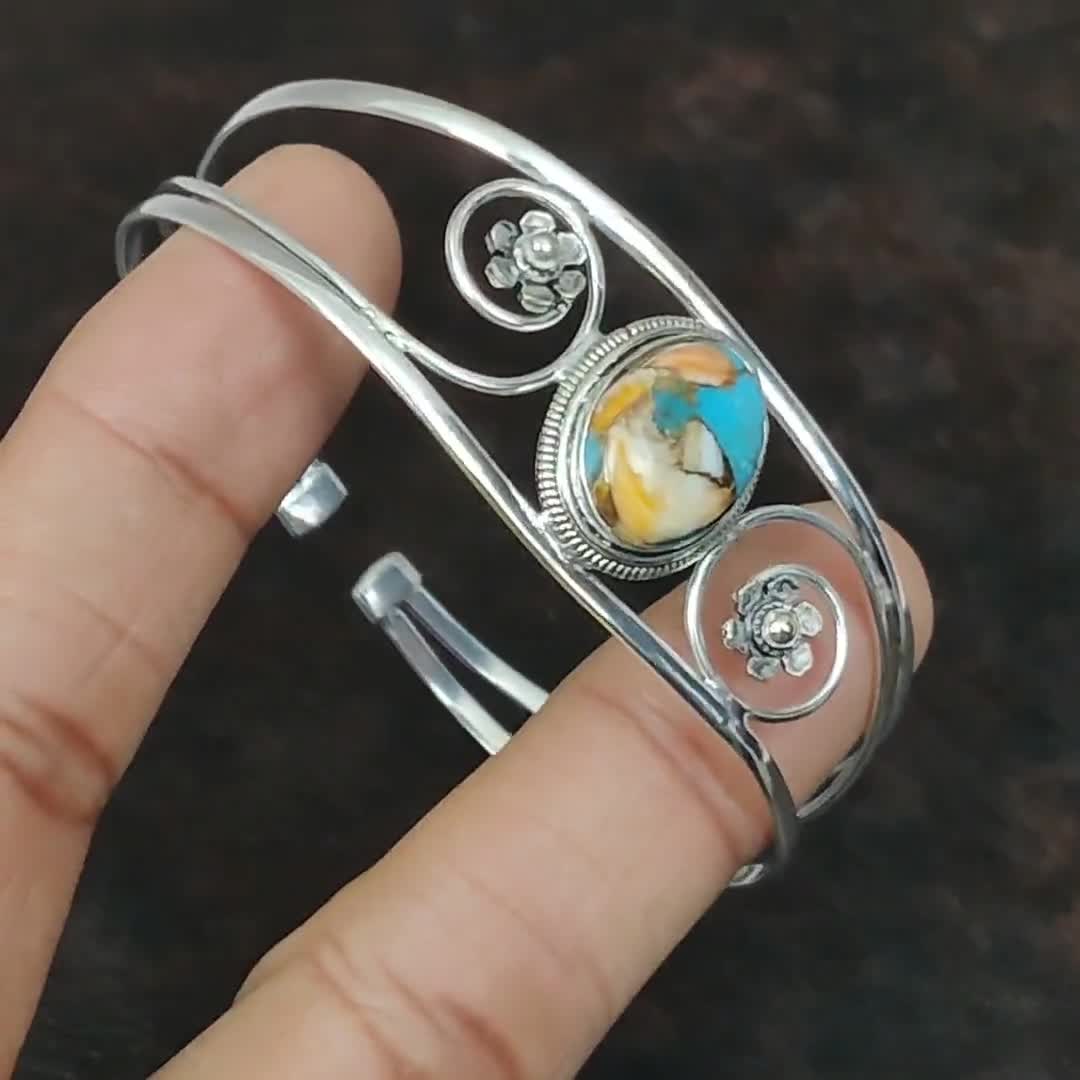 ターコイズ他 バングル ハンドメイド ターコイズバングル【受注製作】太陽と唐草模様 メンズ シルバー