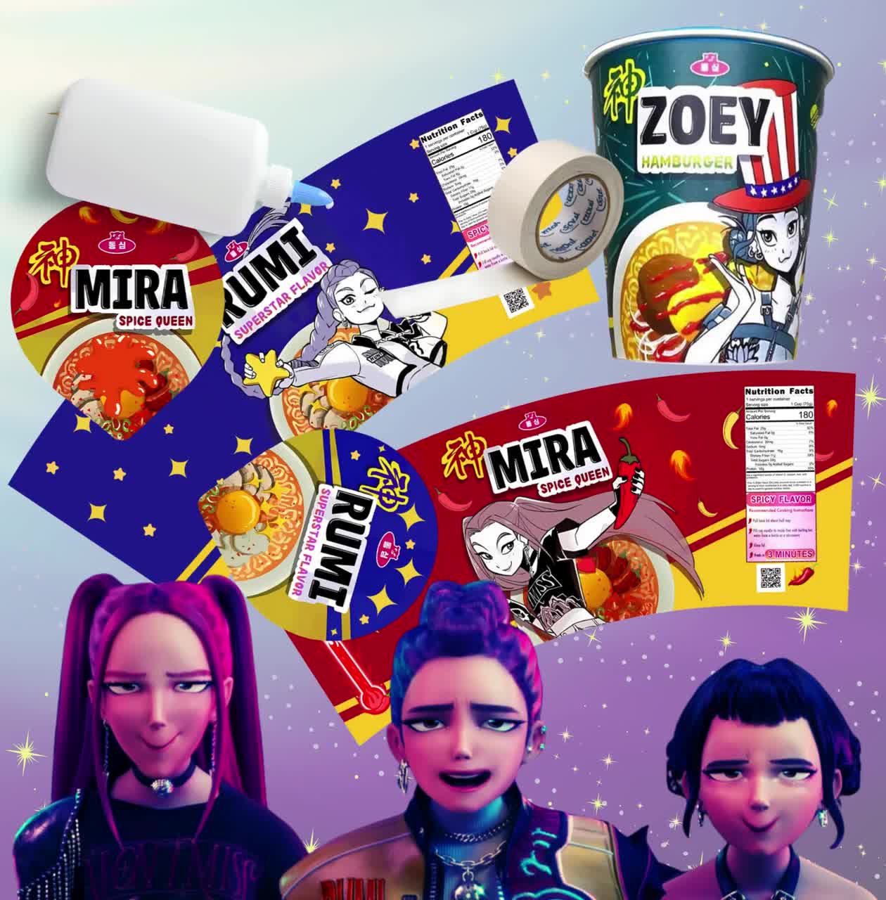 3 Kpop Demon Hunters Cup Noodle Labels Ramen | Rumi Mira Zoey
