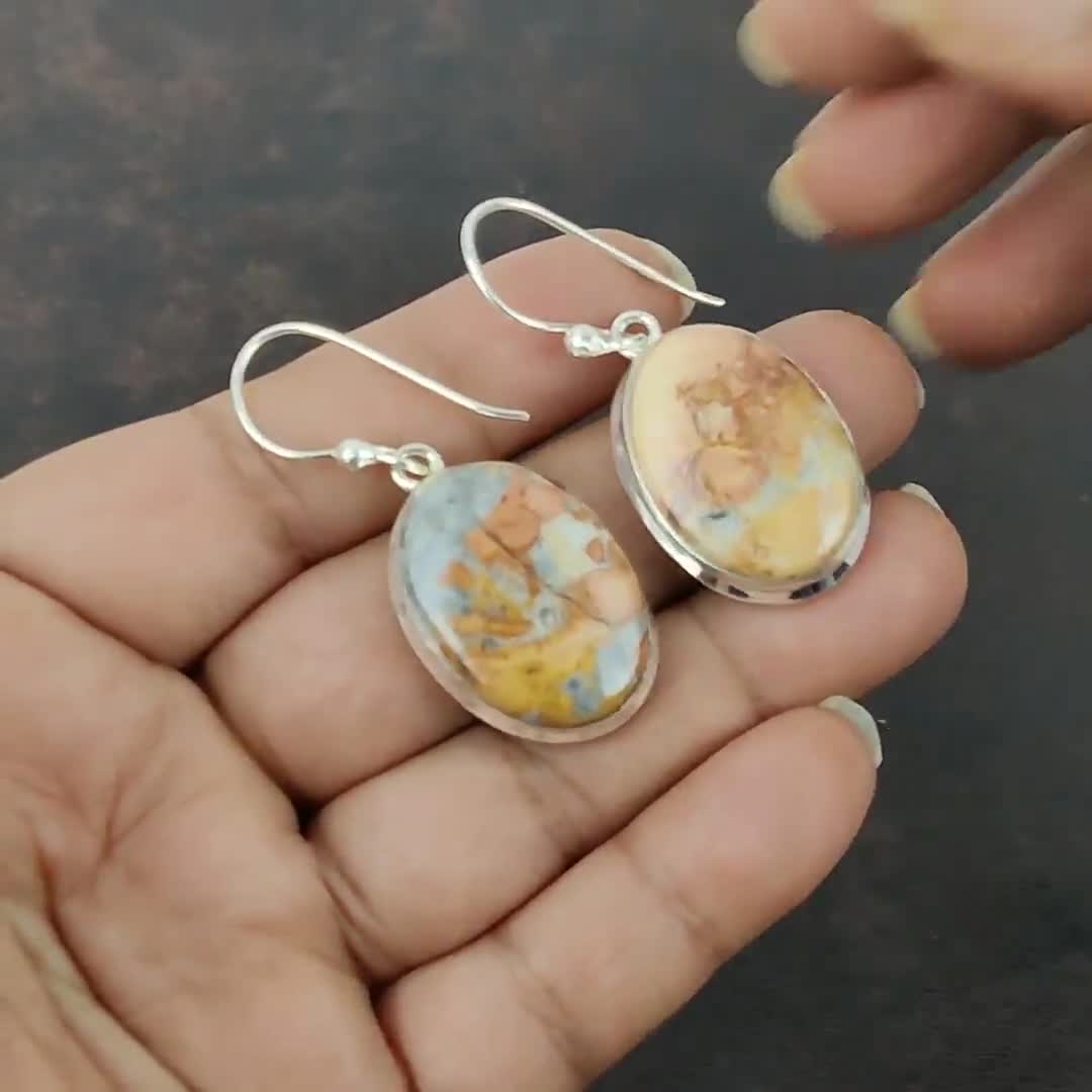 Boucles D'oreilles Pendantes En Jaspe - Forme Couteau/hameçon, Pierre Naturelle, Style Bohème - 6