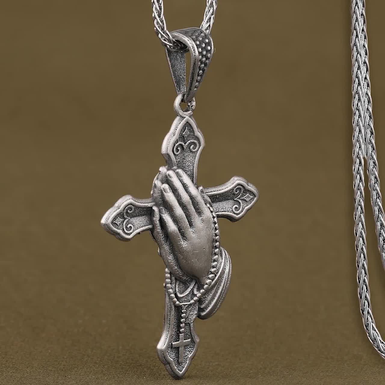 Handmade Praying Hands Holding Praying Beads on Cross Necklace