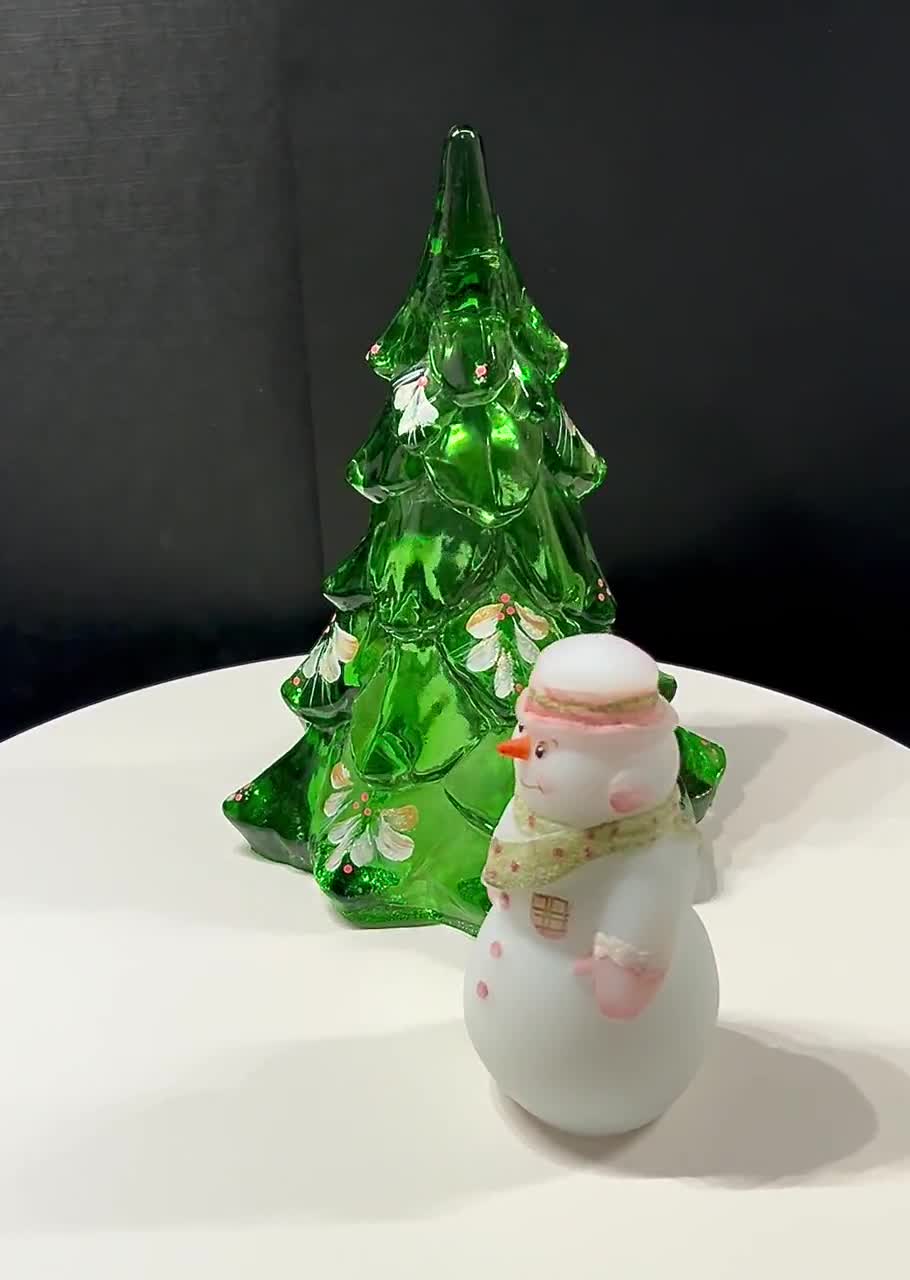 Fenton Art Glass Green Holly Leaves Christmas Tree Signed Mary Young 1997  Fenton Snowman C. Riggs Sold Separately 