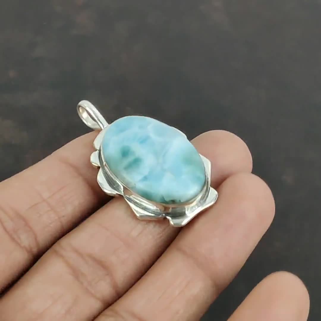 Ciondolo In Larimar Fatto A Mano, Argento Sterling 925, Pietra Preziosa Rotonda - Foto 2