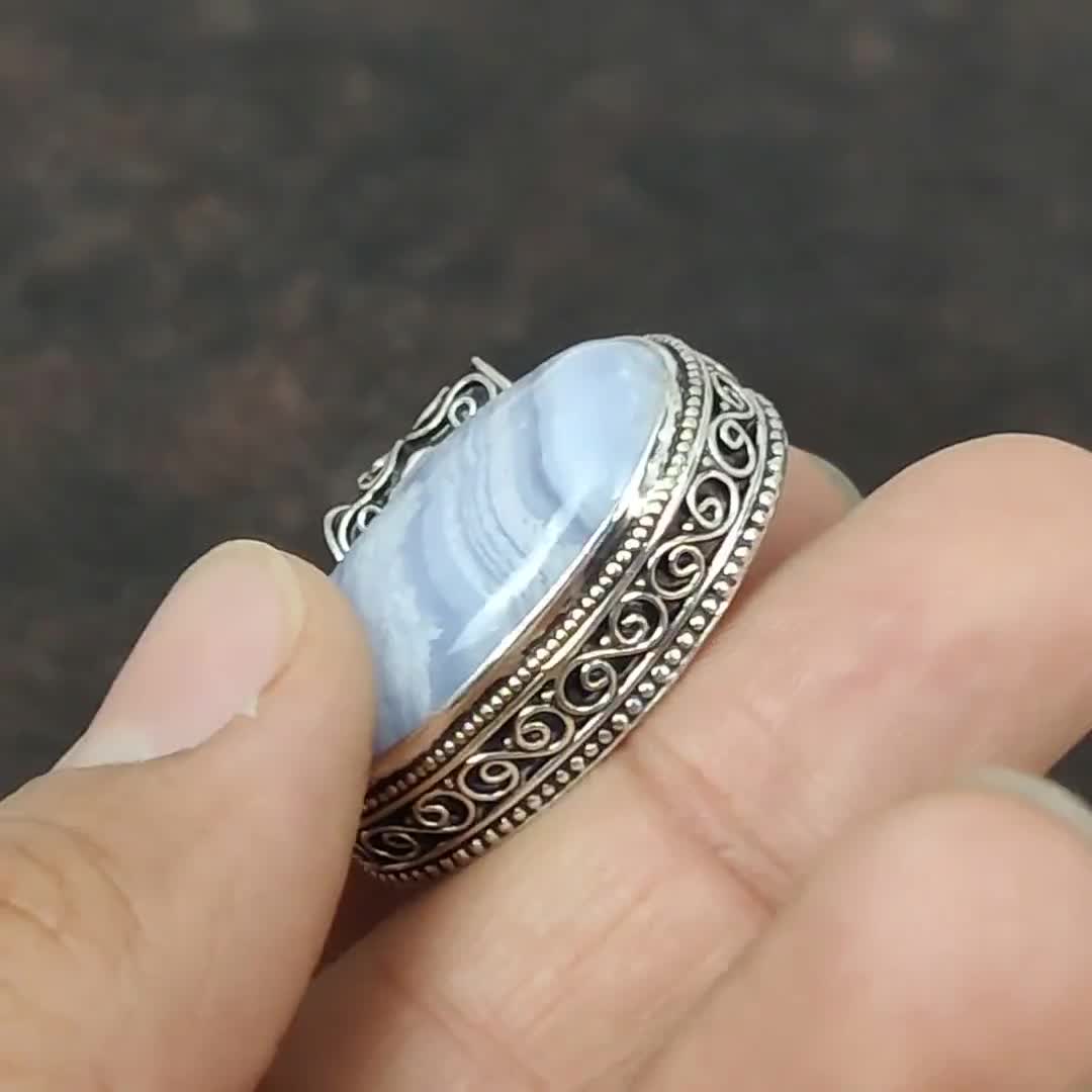 ヴィンテージハンドメイドブルーレースアゲート925スターリング