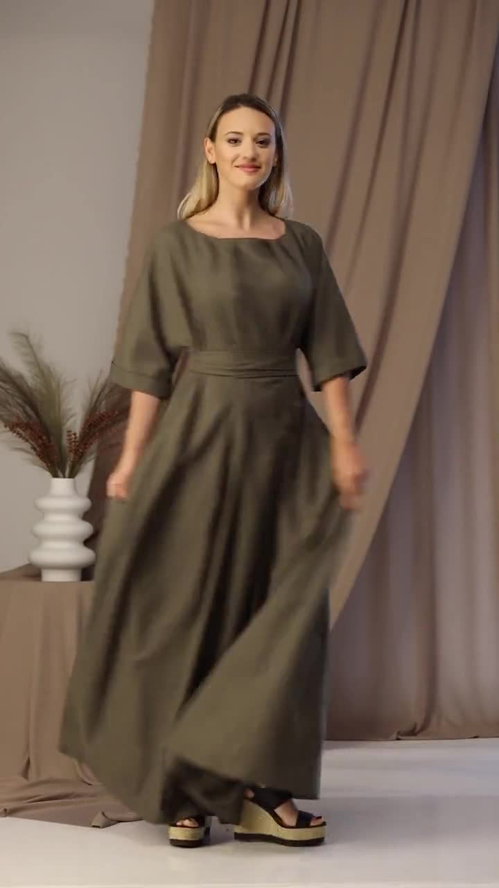 Maxi Edwardian Dress, Wedding Guest Linen Dress, Dark Green Old West Dress, Modest  Linen Dress With Sash Belt, Flowy Cottagecore Dress -  Australia