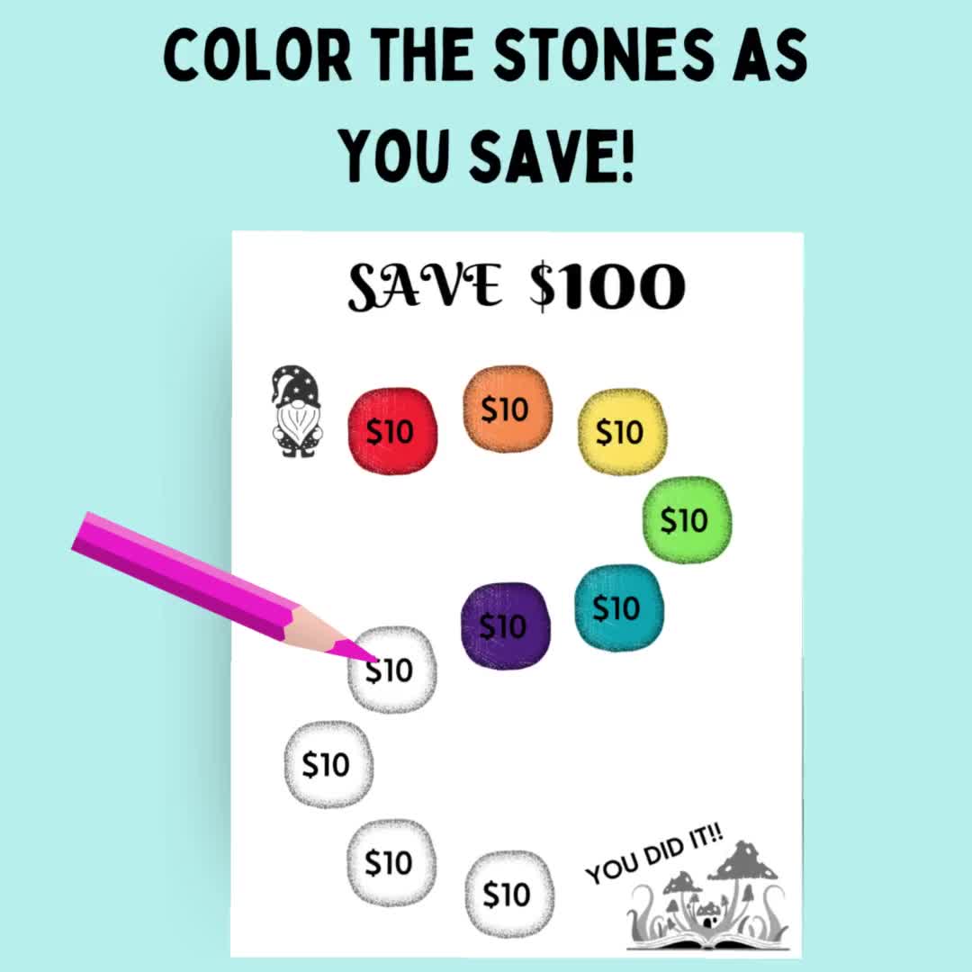 まる　100Days Saving Challenge Box　ハートクマ Kids Savings Tracker, Printable Savings Challenge for Kids