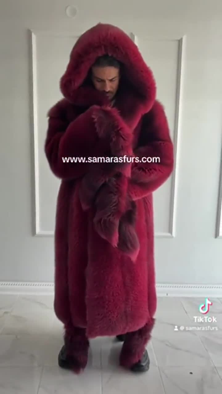 Luxury Men's Scandinavian Oversized Cherry Red Fox Fur Coat Full