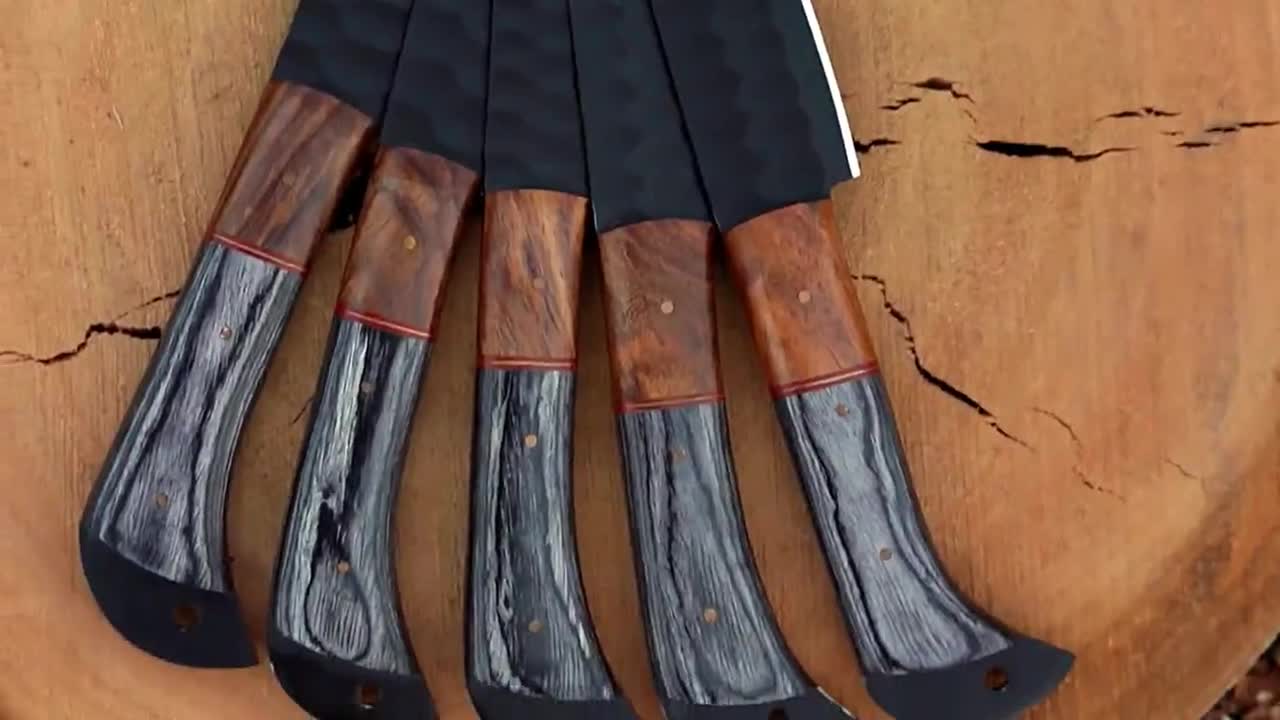 Hand Forged Carbon Steel Knife Set, 5 Pcs Kitchen Knives, Pakkawood Handle, Roll Bag video poster