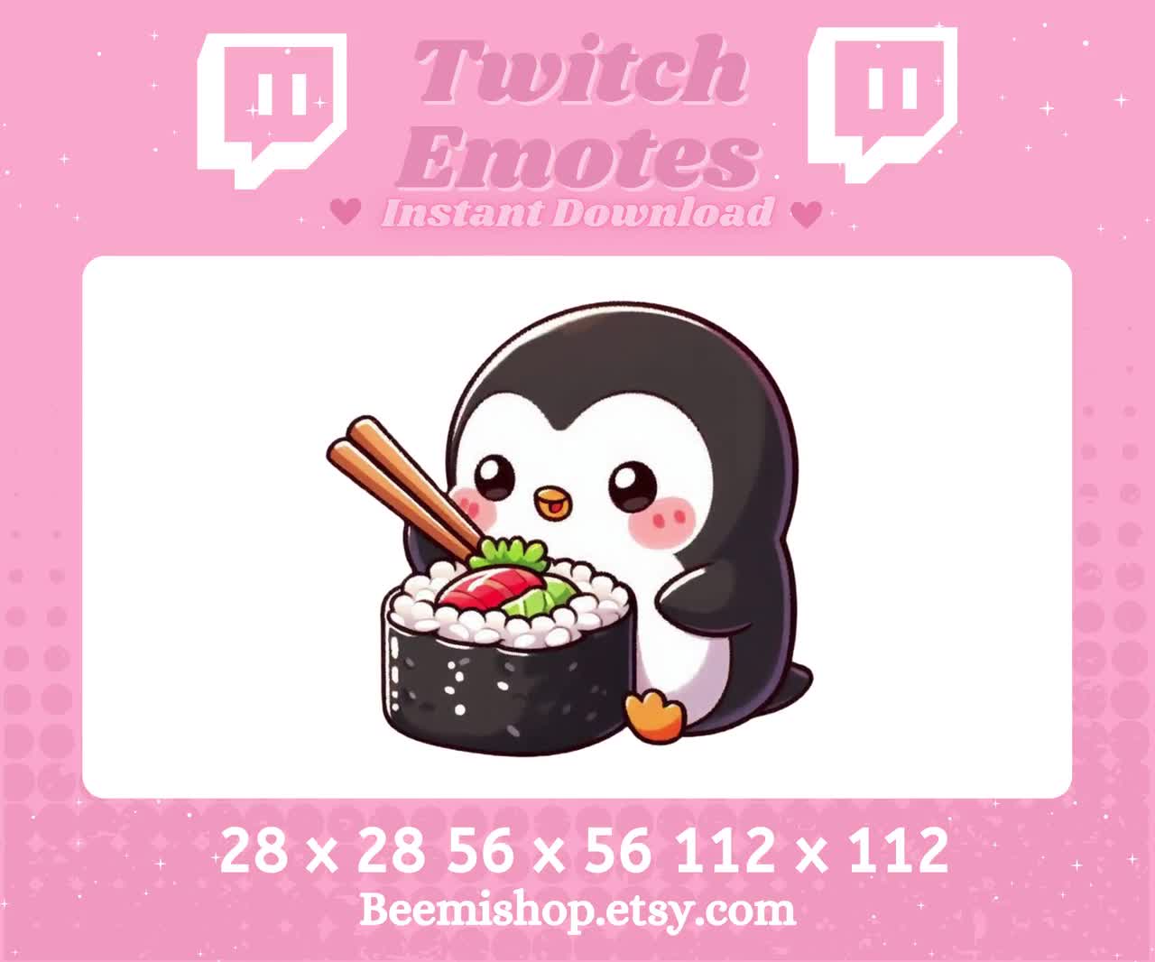 巻き寿司を食べるペンギン 食べ物好き おいしい 幸せ 愛らしい Twitch Discord エモート サーバー かわいい かわいい動物 チビ
