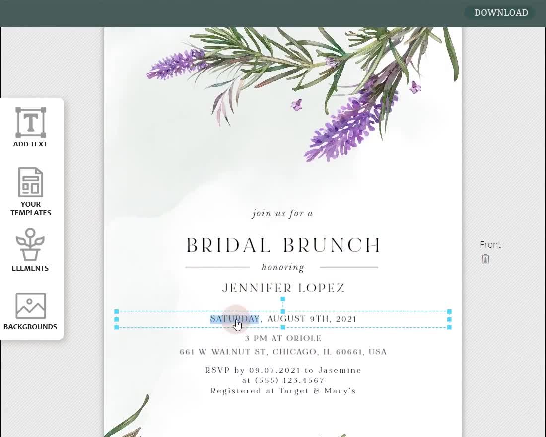 Lavender Rosemary Bridal Shower Invitation Template (Printable), image size:1100x880