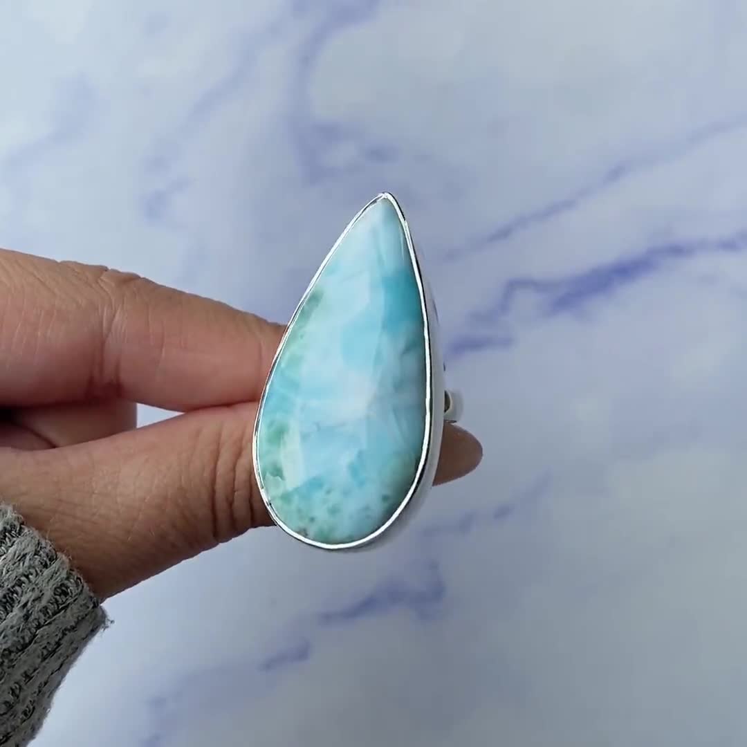 Bague Réglable En Larimar / Bague En Argent Sterling 925 / Pierre Précieuse Curative / Cadeau Pour Elle / Poire Cab / Bijoux Larimar / Bague Larimar Tendance - France