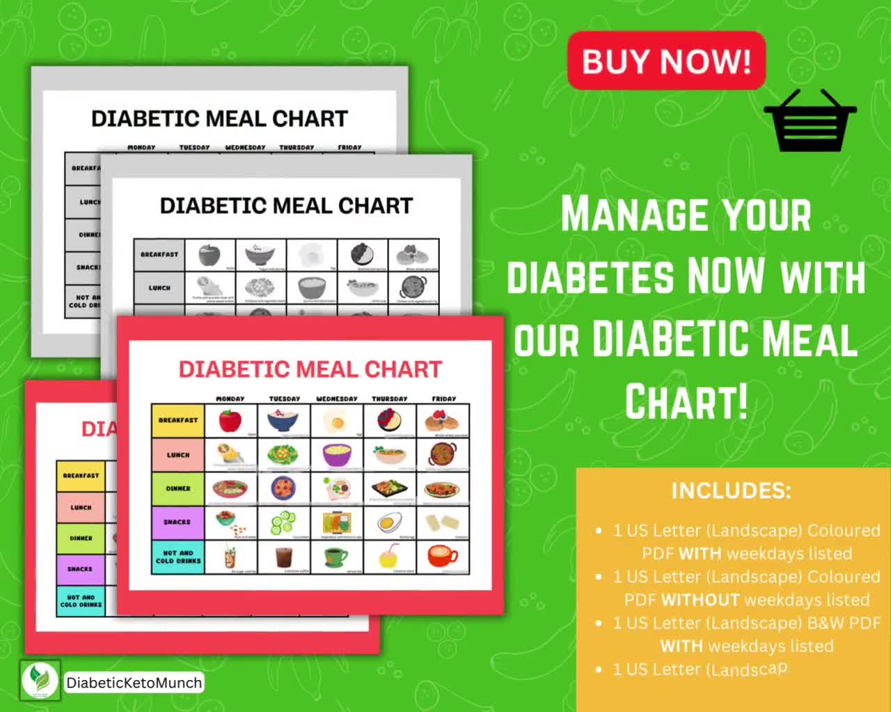 Diabetic Meal Chart Plan, Diabetic Meal Planning, Diabetes Meal Plan and  Meal Chart Diabetes, Printable Diabetes meals Diabetic Food Chart