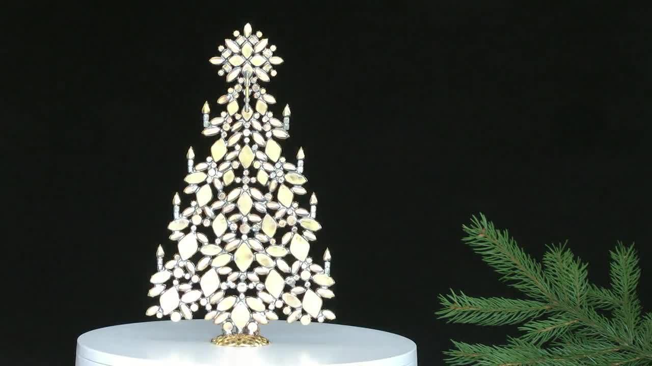 Brilliant Table Top Vintage Czech Christmas Tree, Handcrafted With Clear  and Emerald Czech Rhinestone Crystals Decorations. 