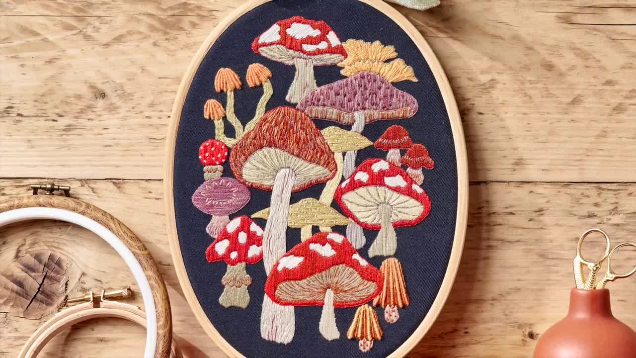 きのこの刺繍枠のPDFパターン：ルーシー・フリーマン作「Love