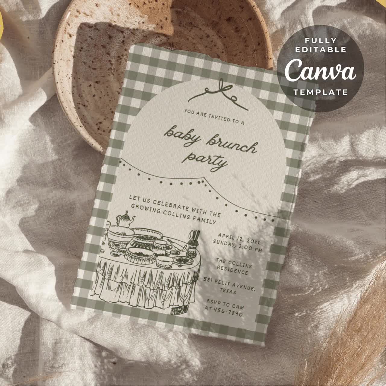 Digital Blue Garden Baby Brunch Invite | Hand Drawn Baby Boy Shower  Sprinkle Invitation | Gingham Gender Reveal | Editable Canva Template, image size:1280x1280