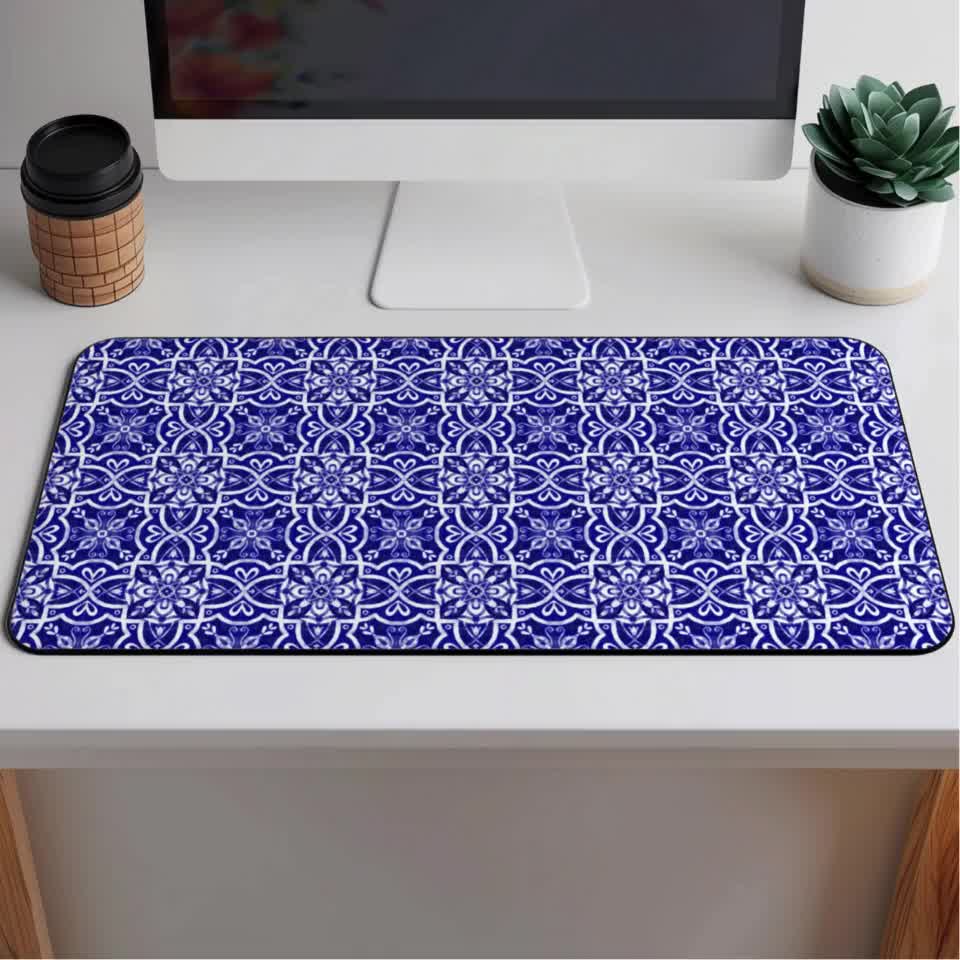 Home Decor, Desk Office Accessory, Mexican Talavera Desk Mat, Chic Cubicle Decor Blue & White Mexican Tile Look Mouse Pad, Tabletop Play Mat video poster