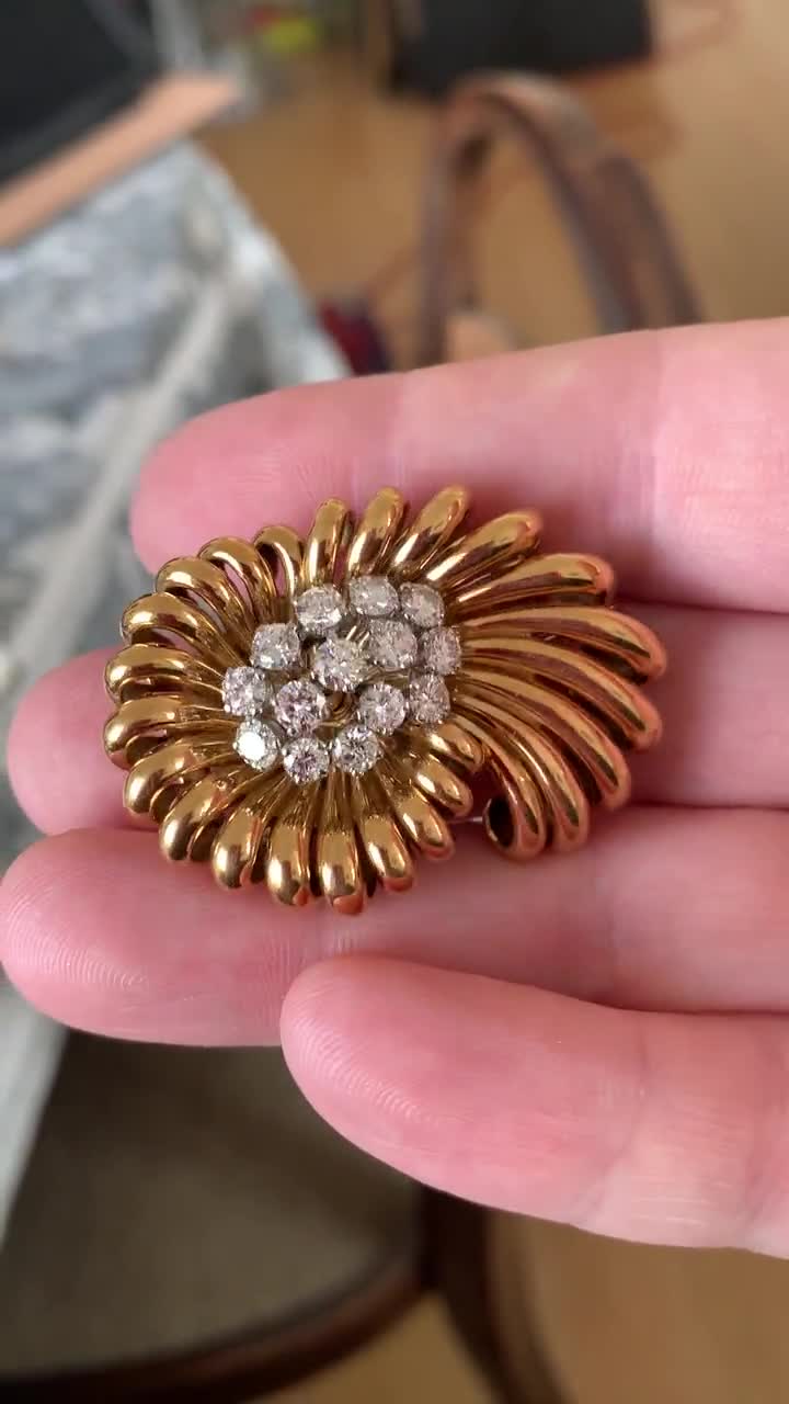 Broche Fleur En Or Jaune 18 Carats Avec Diamants 2,80 Ct - Bijou Vintage Années 50