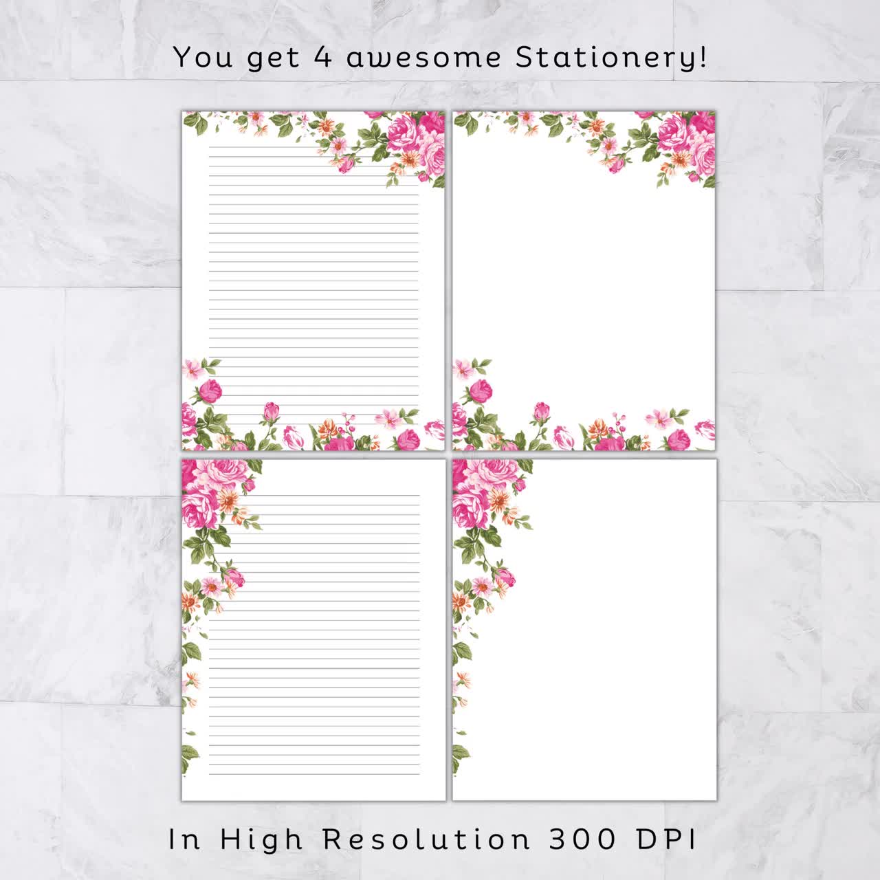 Black and White Floral Lined Paper, Printable Stationery Paper