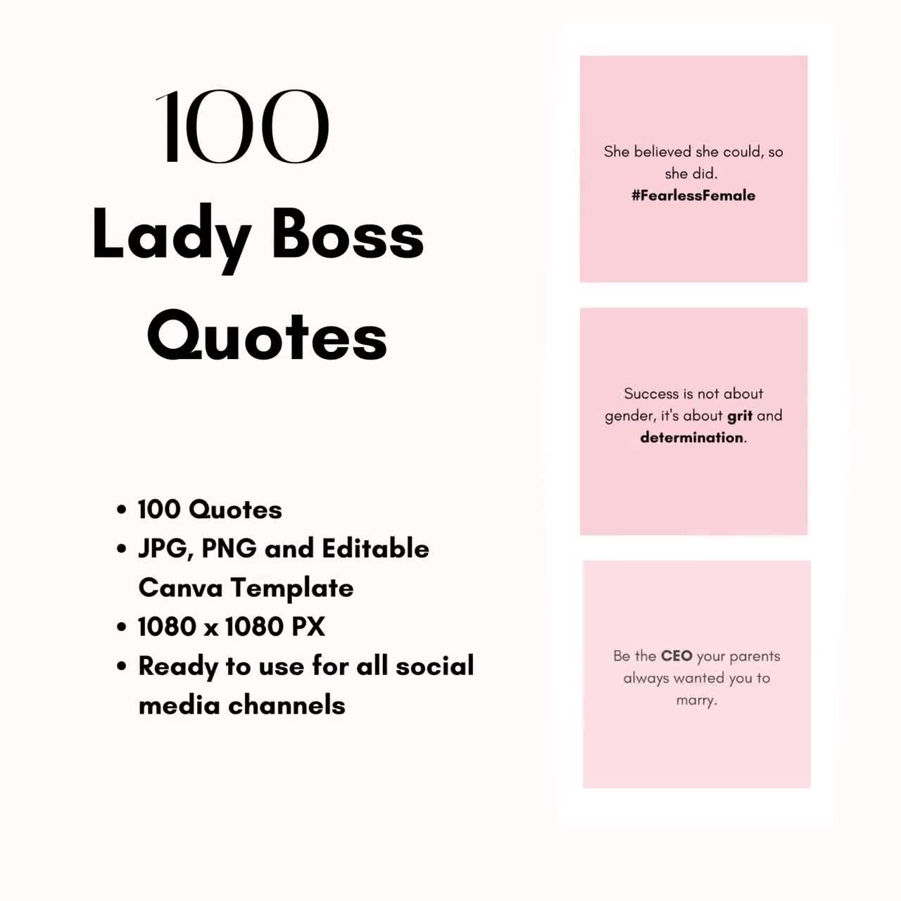 Girl Boss Babe Quotes Instagram Posts 100 Canva Editable Files, JPG and PNG  