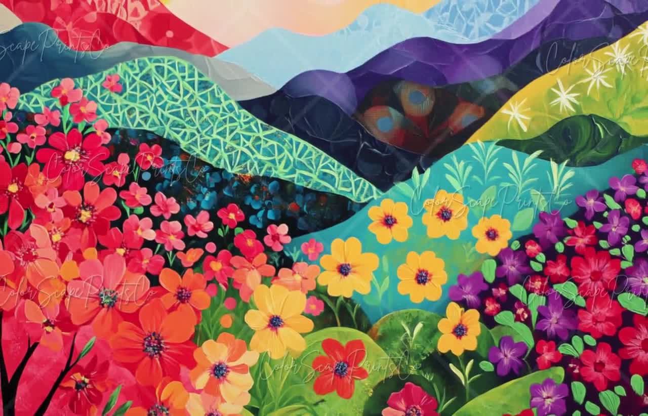 抽象的な山の風景プリント カラフルな山の絵画 鮮やかな風景 野生の花
