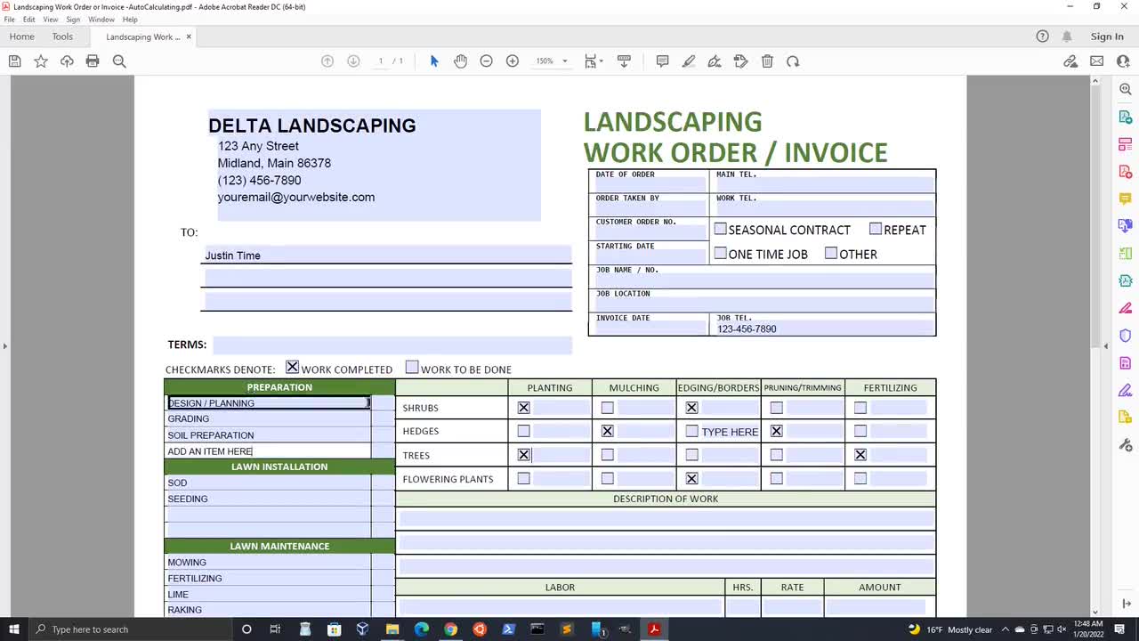 Landscaping Invoice or Work Order, Printable, Editable Invoice or Estimate,  Microsoft WORD Template