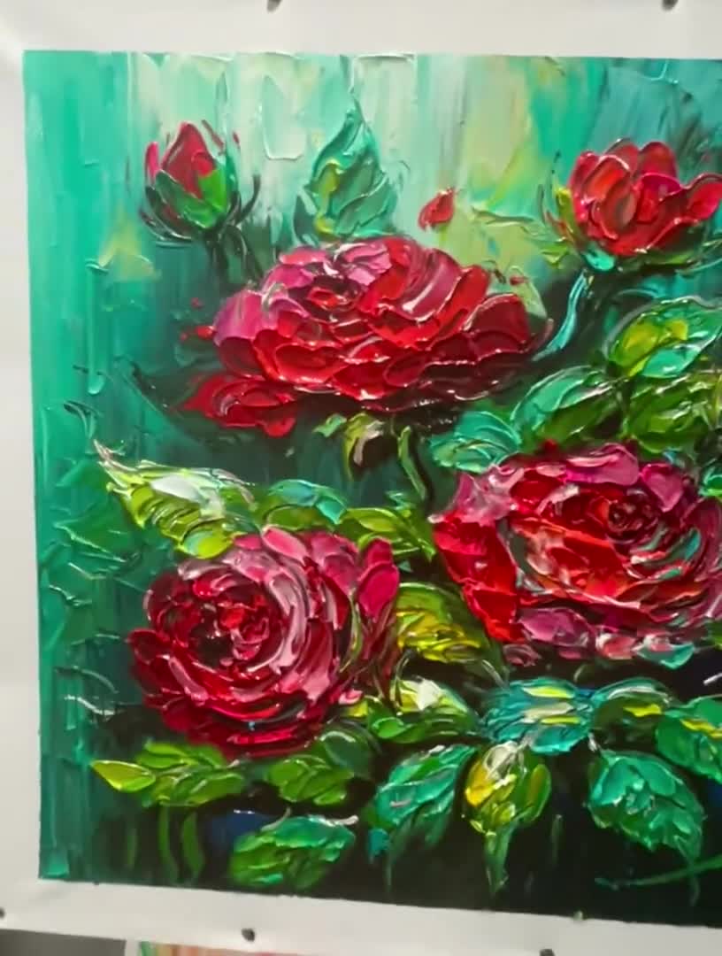 Textured Red Rose Oil Painting on Canvas, Abstract Floral Wall Art
